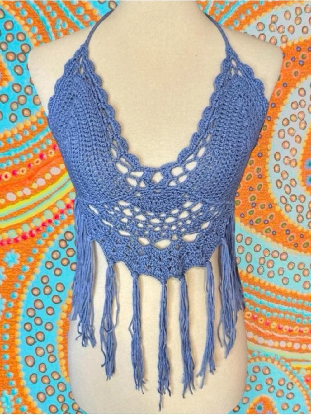 Light Blue Crochet Fringe Halter Top - Women's Festival Crop - Picture 2 of 3